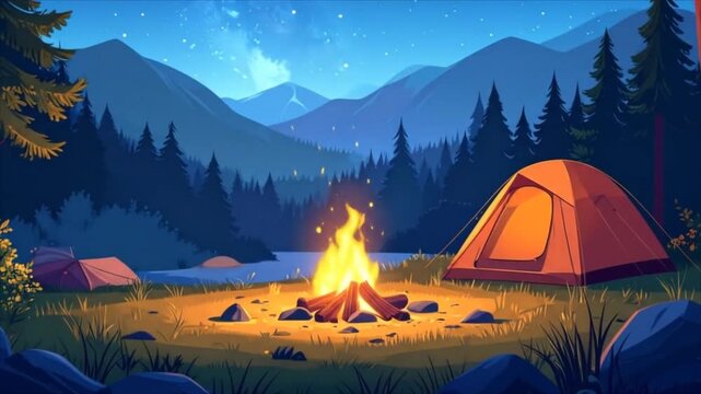 Night camping scene under starry sky