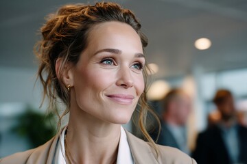 A close-up portrait of a professional woman in her 40s with a warm smile and thoughtful expression, looking away from the camera in a modern office environment.