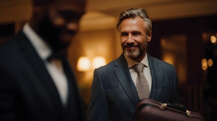 A smiling businessman in a suit holds his luggage while interacting with a hotel concierge in a warm elegantly lit lobby