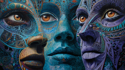  Human profiles executed in surreal painting style on the subject of dreams, passions, creativity and imagination.A state of euphoria and meditation. Abstract fractal patterns and shapes.