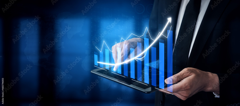 Poster a businessman in a suit interacts with a digital tablet displaying growth charts and financial data.