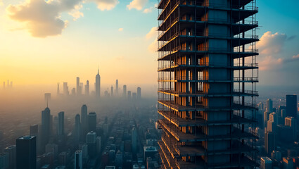 Obraz premium A modern skyscraper under construction rises above a hazy city skyline at sunset with warm golden light