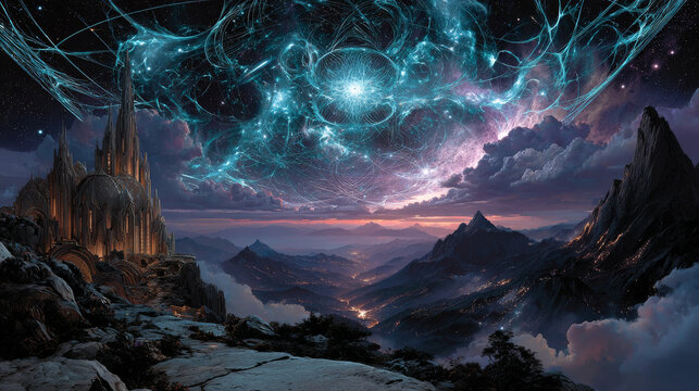 A mystical journey through the universe. The state of meditation Surreal 3D painting. Transpersonal art.