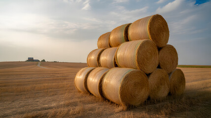 Golden Hay Bales in Open Field, Round Hay Bales Stacked on Farmland, Rural Harvest Landscape