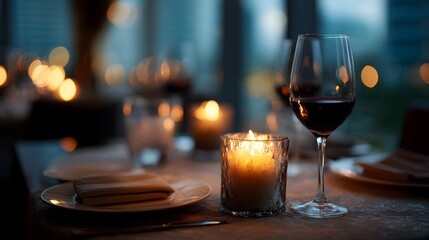 Romantic dinner table setting with a glowing candle and a glass of red wine creating an elegant and intimate atmosphere in a fine dining restaurant