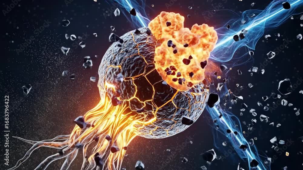 Aufkleber exploding glowing sphere - a digital video of a glowing sphere exploding into fragments, with fiery 