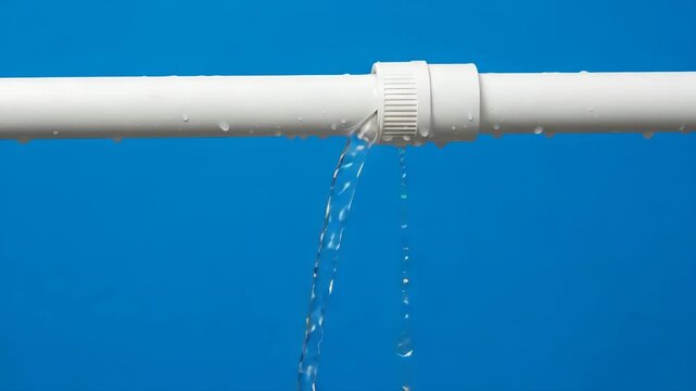 Leaking Stream of water leaking from damaged plastic pipe. Broken plumbing system requiring repair. Plumbing problem, water dropping on blue background