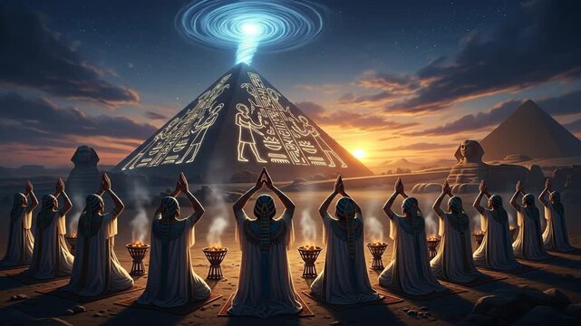 Ancient Egyptian Priests Praying at the Pyramid - A captivating illustration depicting a group of ancient Egyptian priests kneeling before a majestic pyramid, their hands raised in prayer towards a
