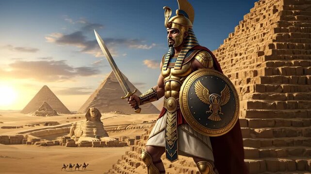 Egyptian Warrior Guarding Pyramids - A powerful Egyptian warrior, clad in golden armor and wielding a sword and shield, stands guard before the majestic Great Pyramids.