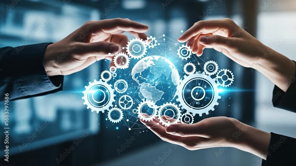 Aufkleber global business network, digital gears and holographic globe - two hands gently hold a holographic g