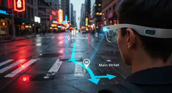 Futuristic concept of a person using augmented reality smart glasses for real-time GPS navigation with a digital map overlay on a busy city street