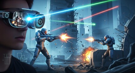 Immersive virtual reality combat simulation with futuristic soldiers engaged in a laser battle amidst a war-torn urban landscape, experienced through advanced AR glasses