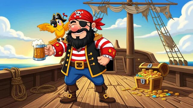 Jolly Pirate Dancing on Ship Deck with Parrot and Treasure - A cheerful cartoon pirate character dances joyfully on a wooden ship deck, holding a mug of beer while a parrot perches on his shoulder.