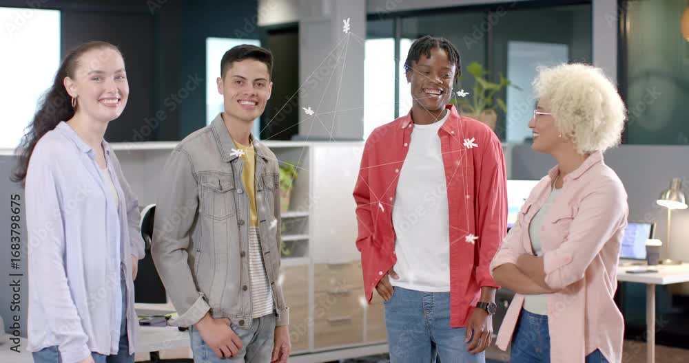 Aufkleber man in denim jacket starting chat, spawning network overlay visualizing business team connectivity