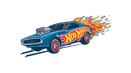 Stylized depiction of a Hot Wheels muscle car engulfed in vibrant flames and bold colors illustration