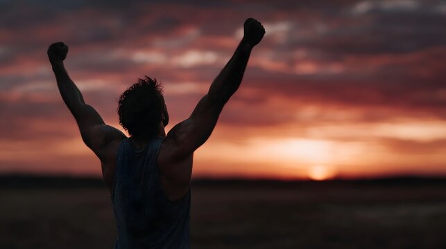 Silhouette of a man raising his arms in triumph against a vibrant dramatic sunset sky symbolizing success achievement and overcoming challenges - Powered by Adobe