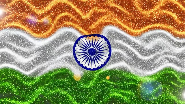 Glittering Indian Flag - A vibrant and festive depiction of the Indian flag, video in a shimmering glitter texture. The tricolor is displayed with a waving effect, adding a dynamic feel.