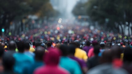 A blurred perspective of a large crowd of people in colorful activewear running a marathon on a city street conveying energy and movement