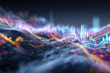 Abstract image of colorful financial data visualization with vibrant lines and graphs representing market trends and investment analysis, creating dynamic and engaging atmosphere