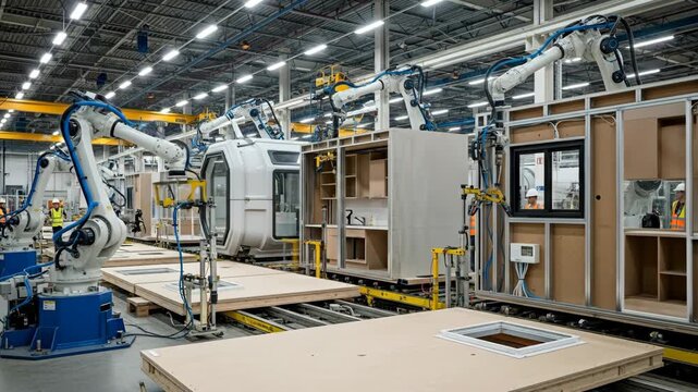Robotic Assembly of Modular Housing Units - Industrial robots precisely assemble prefabricated modular housing components on a factory assembly line.