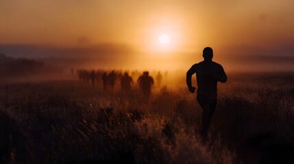 Silhouetted runners move through a misty field at sunrise showcasing their endurance in a serene golden hour landscape