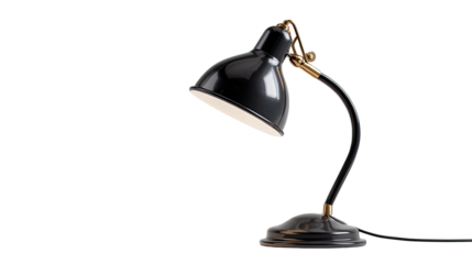 Black desk lamp, angled,  dark background.  Modern, vintage style.  Metal shade,  arm, base.  Classic design