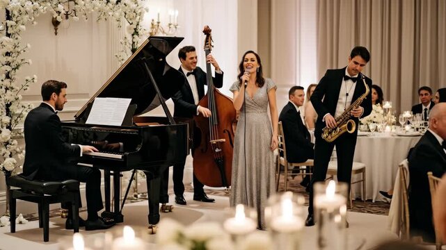 Elegant Jazz Band Performing at Wedding Reception - A sophisticated jazz band, including a pianist, double bassist, vocalist, and saxophonist, performs in formal attire at an elegant wedding