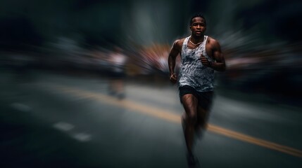 Determined male athlete sprints with powerful motion on an urban road conveying speed and intense focus during a race