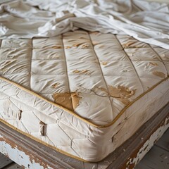 Dirty white mattress on the floor with visible stains, hygiene and cleaning concept