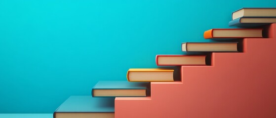 Colorful staircase made of stacked books on blue background