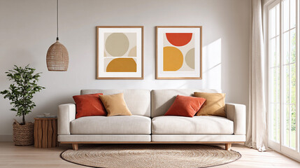 Fototapeta premium Modern mid century living room featuring comfortable sofa adorned with colorful cushions, abstract geometric art with circular patterns and warm colors.