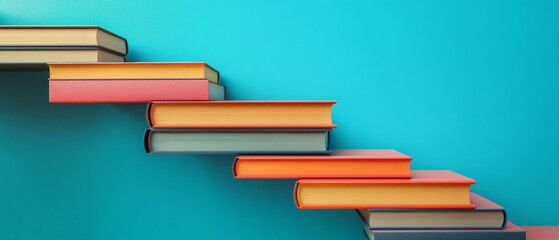 Colorful staircase made of stacked books on blue background, symbol of learning and growth.