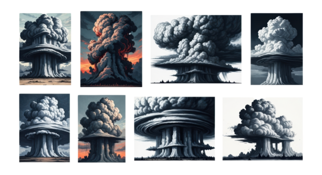 Curated collection of bold ink wash paintings, monumental thunderhead clouds with deep indigos, charcoal, fiery orange, on stark white. Raw natural power concept