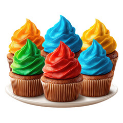 Colorful cupcakes arranged on a plate.  Six cupcakes, each topped with a vibrant,  whipped frosting in  different colors  orange, blue, green, and red.  A light beige plate holds them