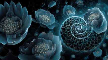 Abstract fractal patterns and shapes. Dynamic flowing natural forms. Flowers and spirals. Mysterious psychedelic relaxation pattern. 
