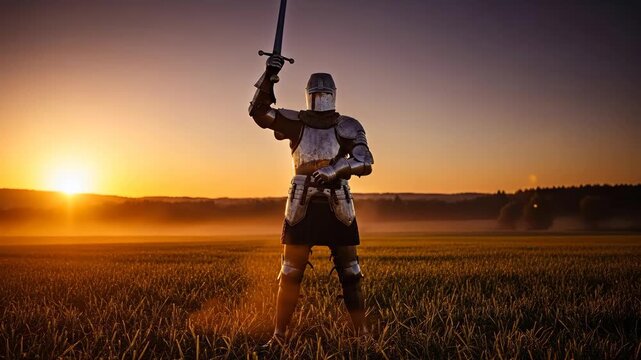 Medieval Knight at Sunset - A lone medieval knight in full armor stands in a golden field at sunset, holding his sword aloft. The scene is cinematic and evocative of a heroic or epic tale.