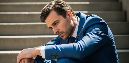 Dejected Businessman in Blue Suit Sitting on Concrete Steps, Contemplative Mood, Natural Light