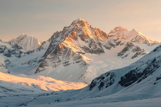 Majestic snow capped mountain peak bathed in warm golden sunrise light