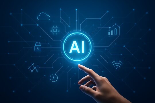 Modern ai technology hub with hand selecting glowing circular button connecting icons cloud security analytics wifi network innovation digital transformation blue neon interface futuristic background