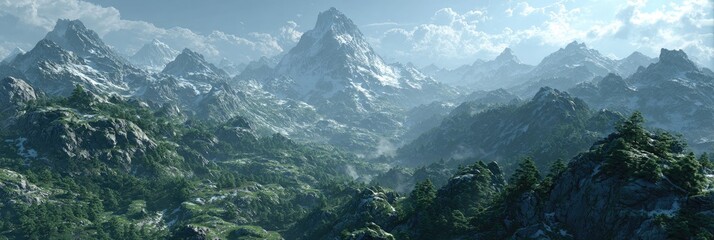 Panoramic mountain range with snow-capped peaks and lush valleys