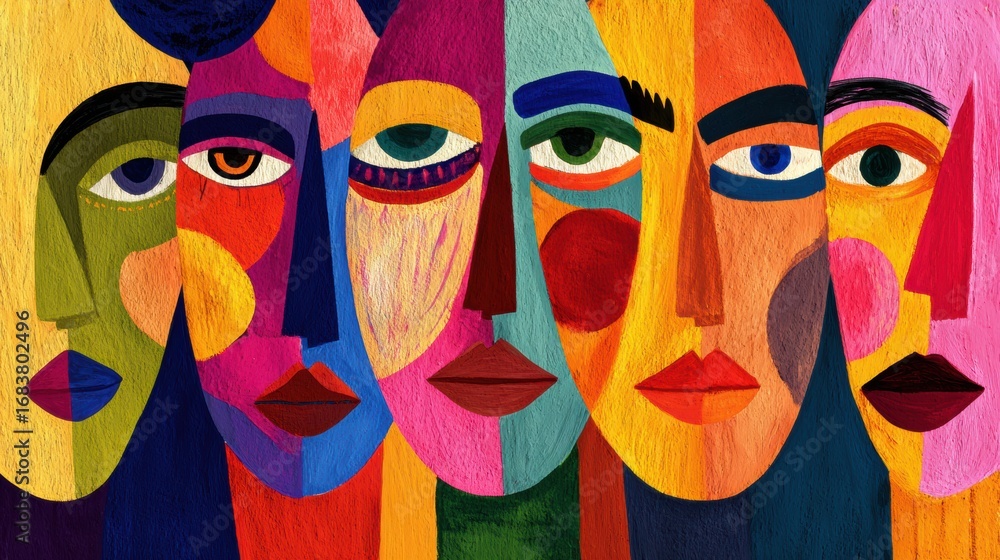 Poster vibrant artwork showcasing diverse faces in colorful abstract styles representing unity and individu
