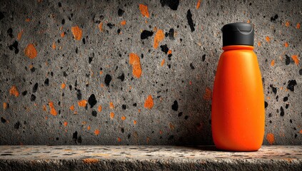 Orange plastic bottle on a textured stone surface