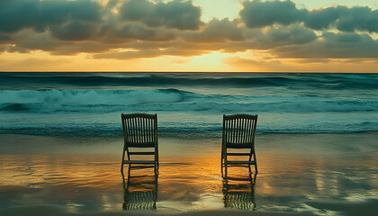 Ocean beach sunrise two chairs golden hour peaceful seascape