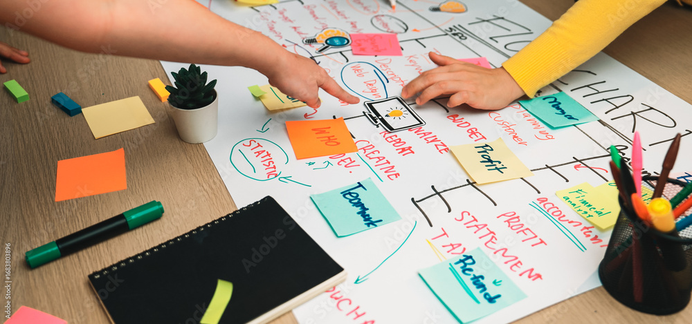 Poster a vibrant workspace scene showcasing diverse hands pointing at a flowchart adorned with colorful sti