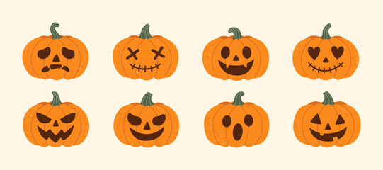 Set of Halloween jack o lantern pumpkin faces with different carved expressions including spooky, funny, scary and cute styles, festive holiday decoration design for autumn celebration