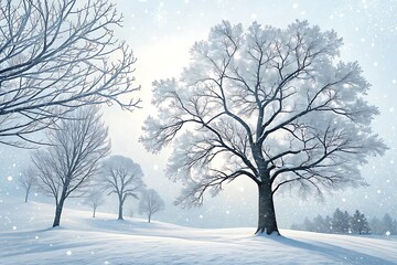 Fototapeta premium Majestic snow covered trees in a serene winter landscape with falling snow