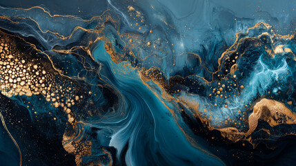 Beautiful abstract background. Golden and dark blue mixed acrylic paints. Abstract ocean- ART. Natural Luxury. Stones like marble contain all the history and secrets of the Earth.