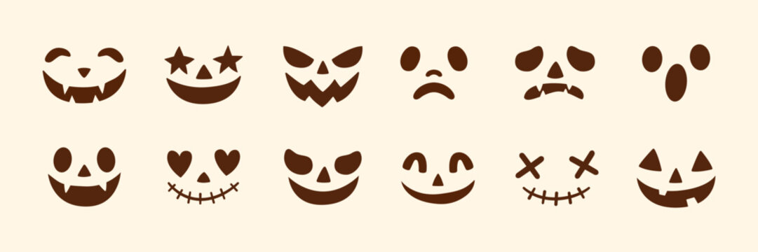 Collection of halloween jack o lantern face silhouettes with different carved expressions including spooky scary funny and cute styles isolated festive seasonal vector illustration design