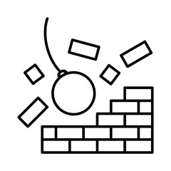 Demolition line icon. Wrecking ball hitting a brick wall. Destruction, change and breaking barriers. Construction industry, urban renewal concept. Progress through rebuilding. Vector illustration. 