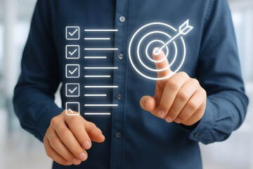 Man pointing at target and checklist, concept of business strategy plan